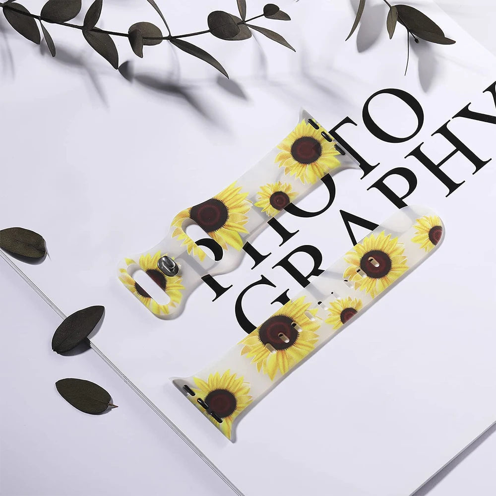 Clear Floral & Butterfly Silicone Apple Watch Band in Sunflowers
