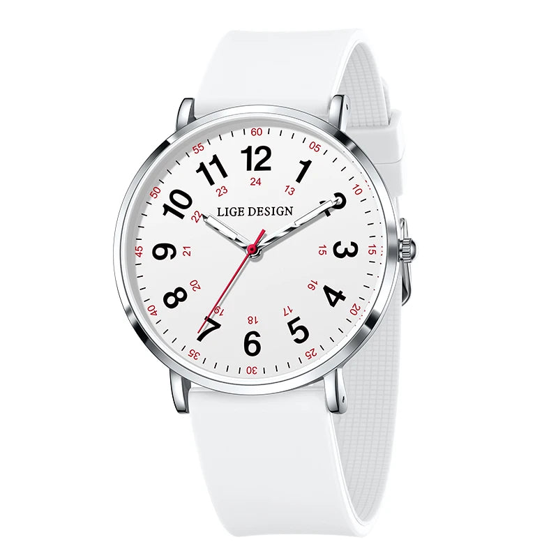Women's Arabic Numeral Silicone Quartz Watch — White / Silver Tone / White Dial — BandsCo Straps