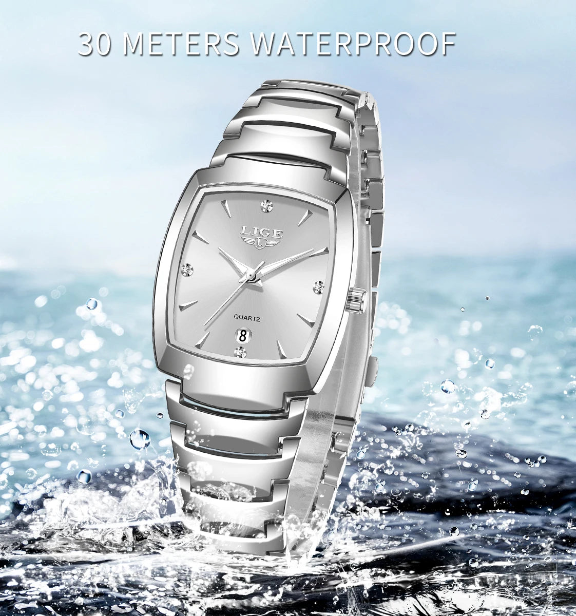 Women's Tonneau Date Quartz Bracelet Watch — Silver-tone watch case view — BandsCo Straps