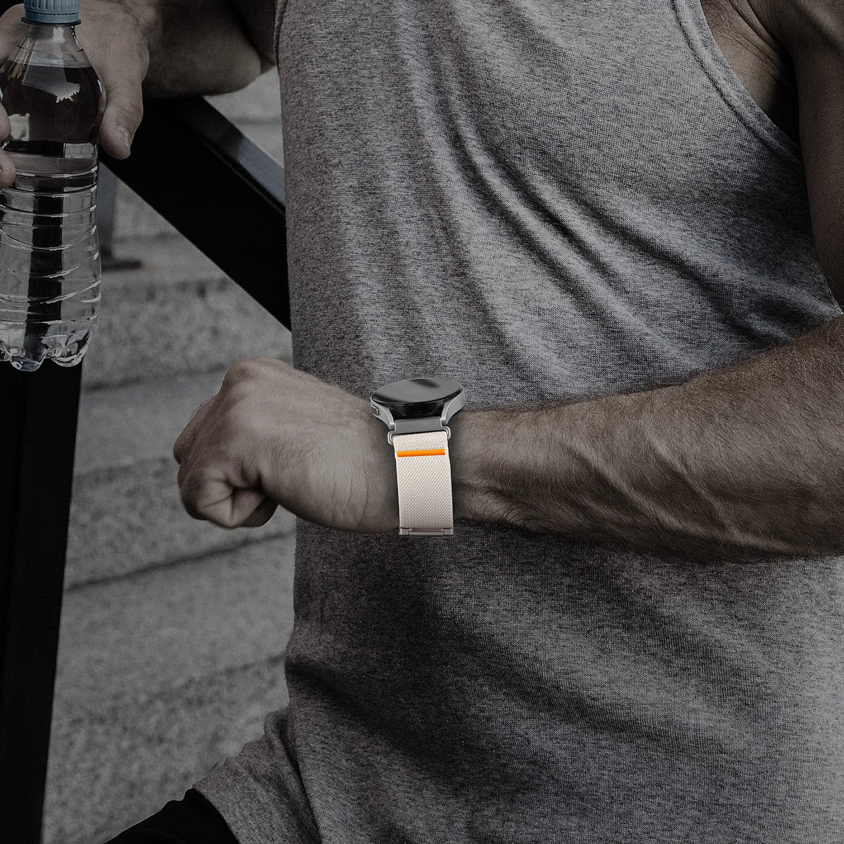 Motorola Moto Nylon Band with Metal Clasp and Orange Accent — Starlight strap worn on wrist