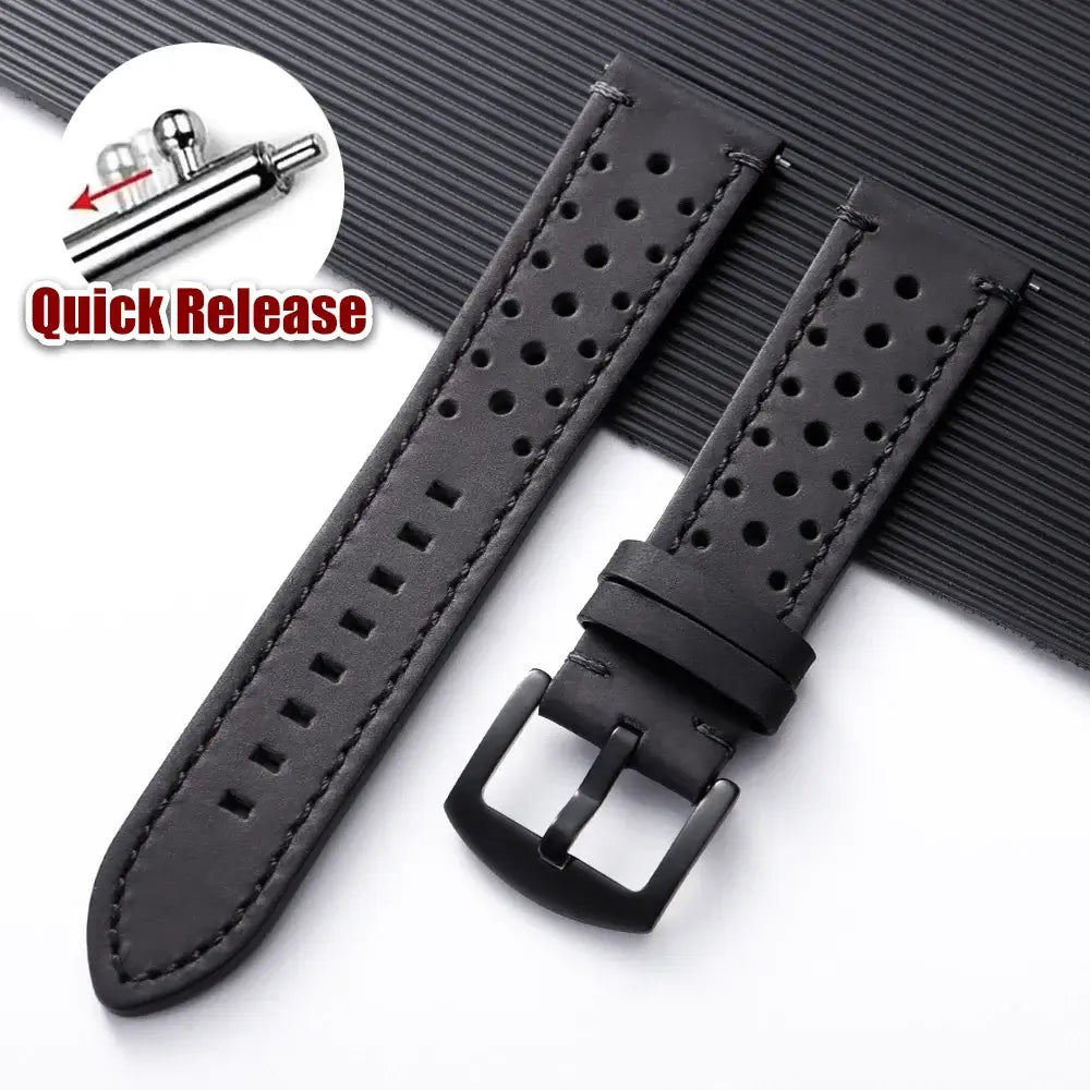 Amazfit Perforated Leather Band with Stitched Edges — Black / Tonal Stitching