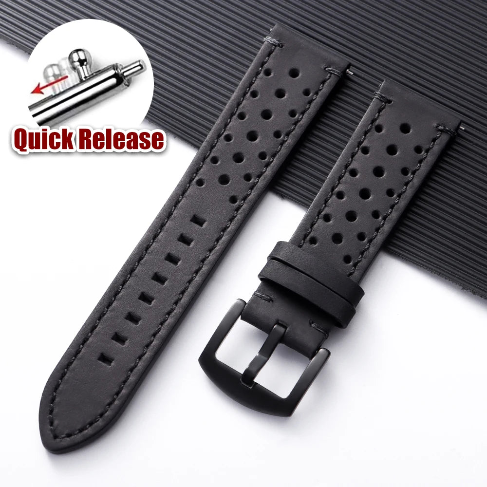 Polar Perforated Leather Band with Stitched Edges – Black / Tonal Stitching