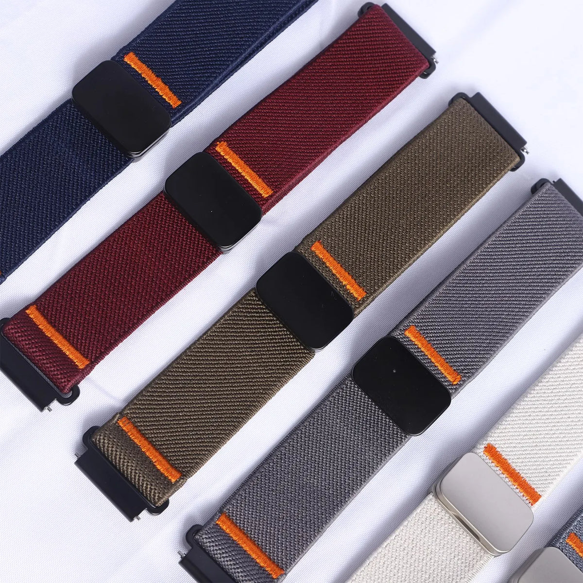 Motorola Moto Nylon Band with Magnetic Clasp and Orange Accents — Woven strap colors and orange stitch accents