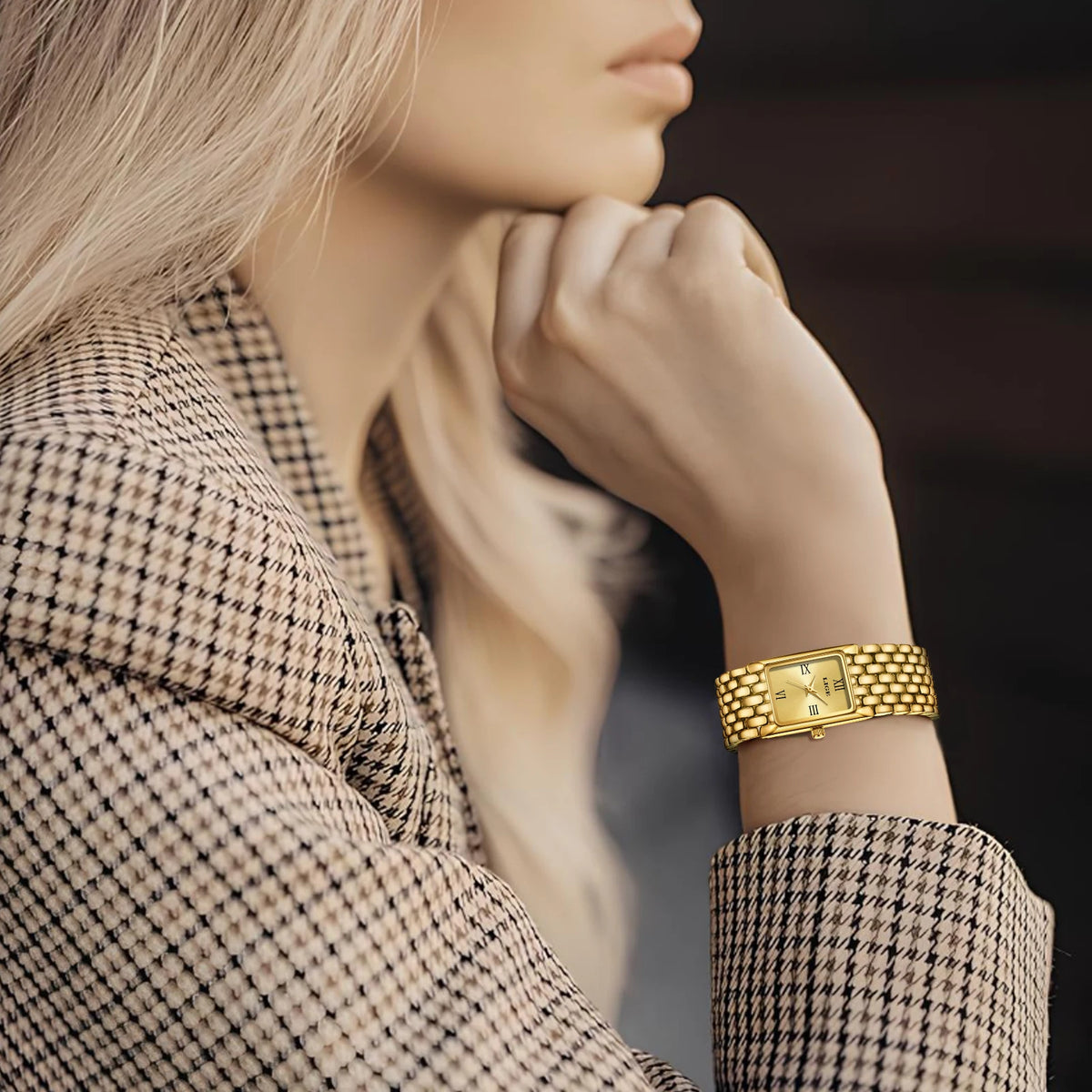 Women's Rectangular Roman Dial Bracelet Watch — Gold-tone watch styled with jacket — BandsCo Straps