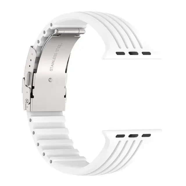 White grooved silicone Apple Watch band with folding clasp