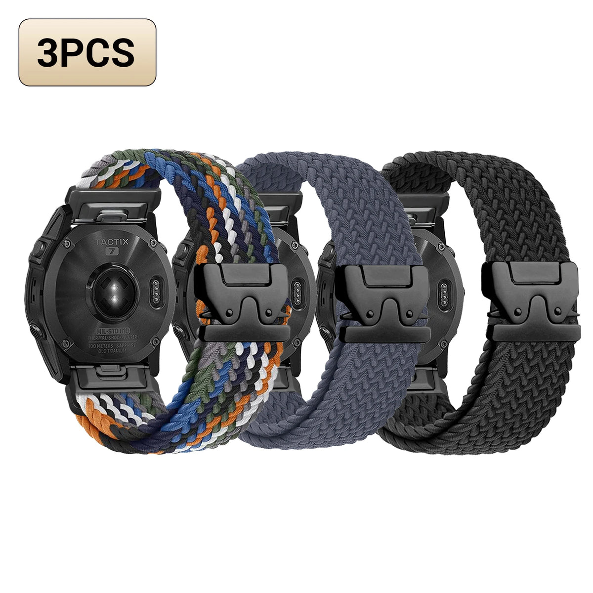 3-Pack Denim, Gray & Black Garmin QuickFit 20/22/26mm Braided Stretch Nylon Band