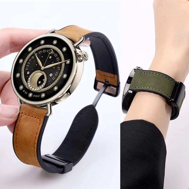 Garmin Leather and Silicone Magnetic Band in brown worn on a wrist