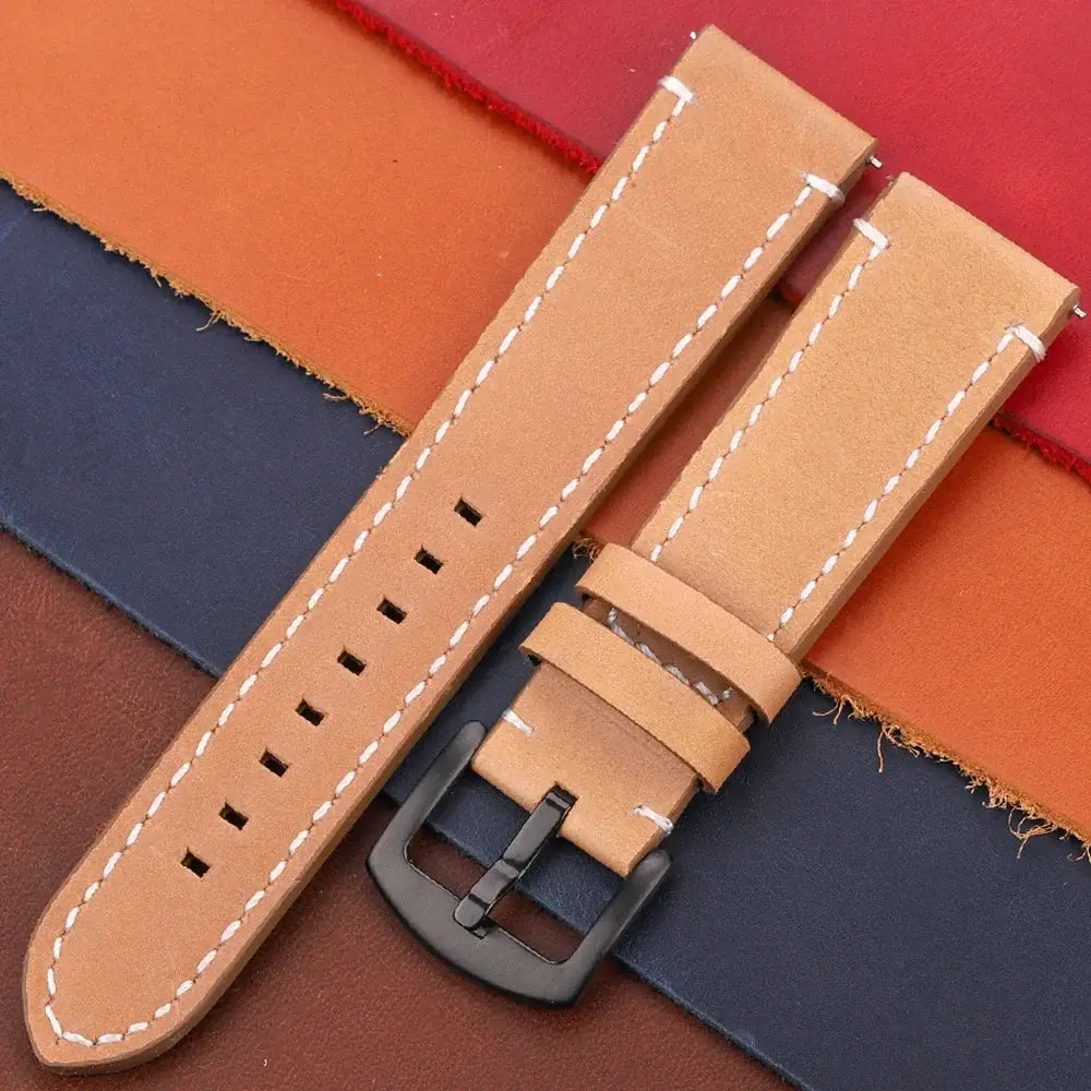 Contrast-Stitched Leather Buckle Band in Tan / Black Buckle for compatible Huawei watches