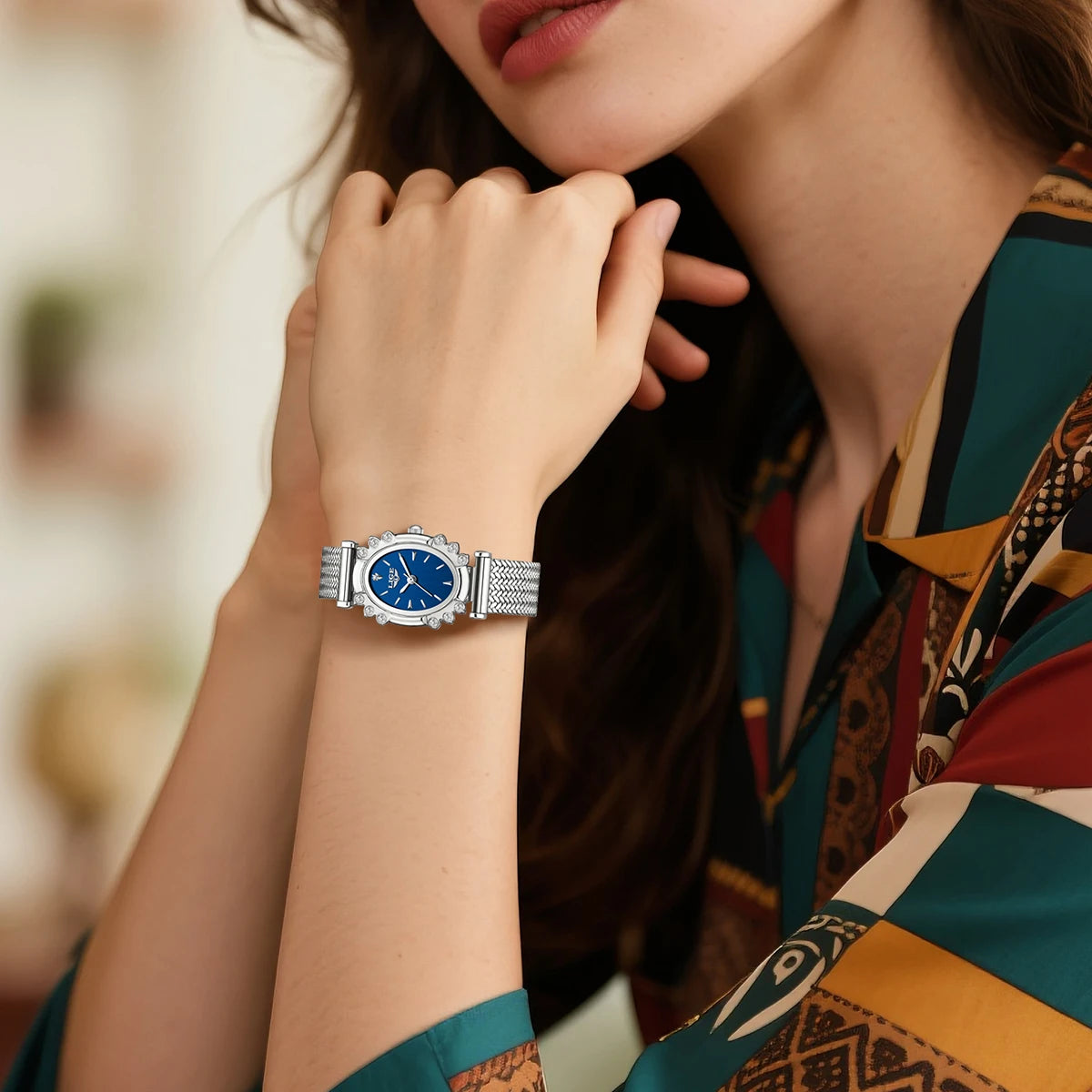 Women's Oval Crystal Bezel Mesh Watch — Oval watch worn on wrist — BandsCo Straps