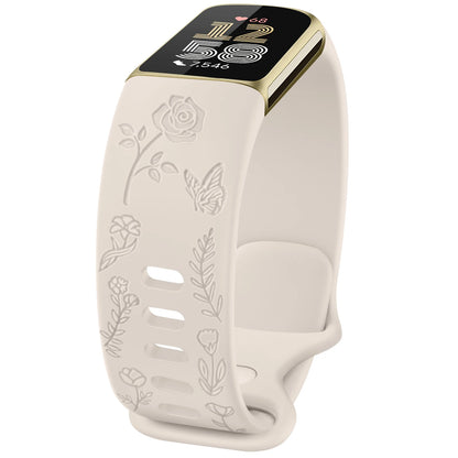Starlight Fitbit Charge 5 and 6 Floral Engraved Band, Soft TPU