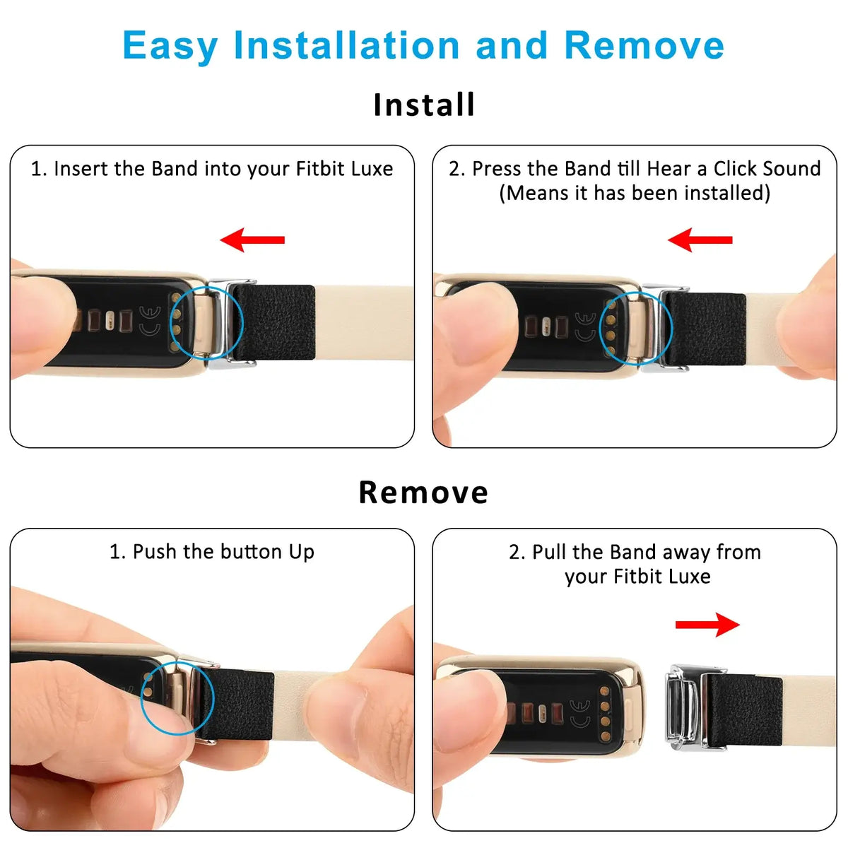 Fitbit Luxe Leather Band with Floral & Glitter Options - Attachment and removal diagram