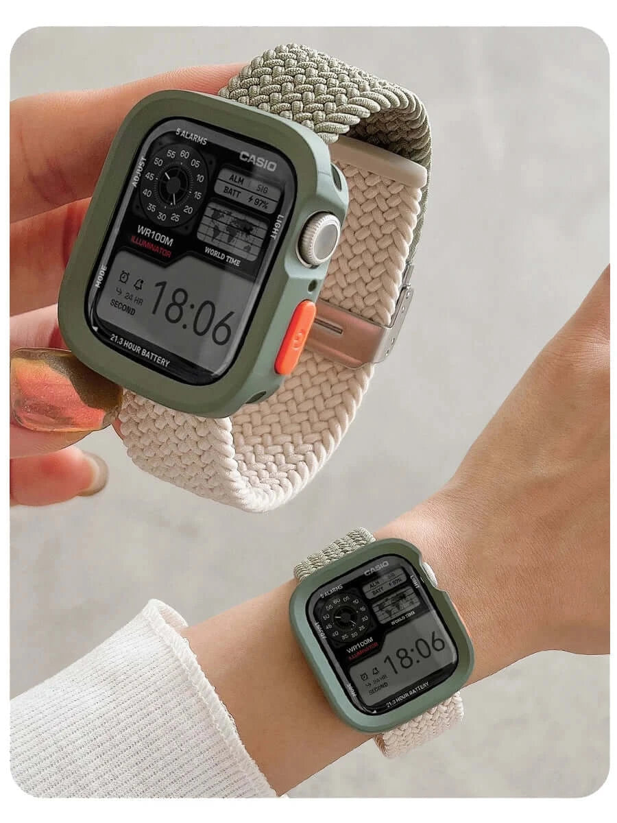 Olive and beige woven Apple Watch band and case, handheld and wrist views