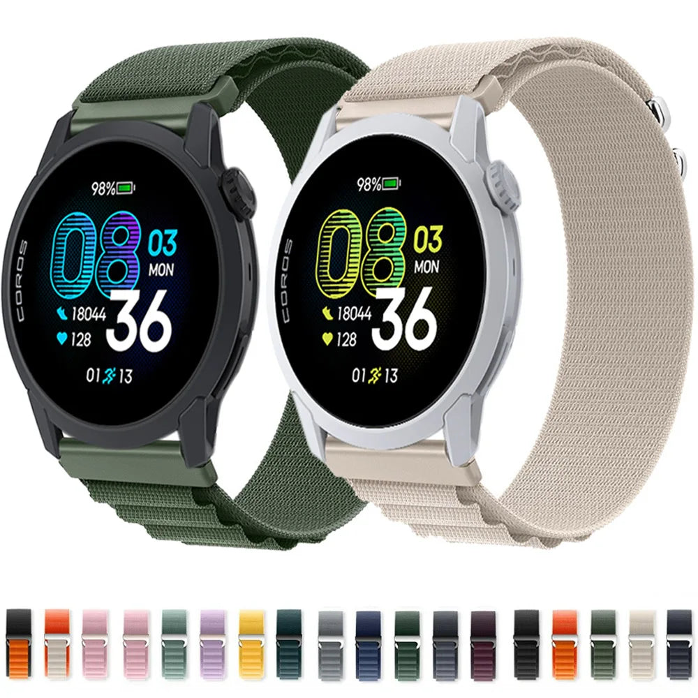 OnePlus Smartwatch Alpine Loop Nylon Band Adjustable Sport Strap in green and beige, showcasing various colors and adjustable design.