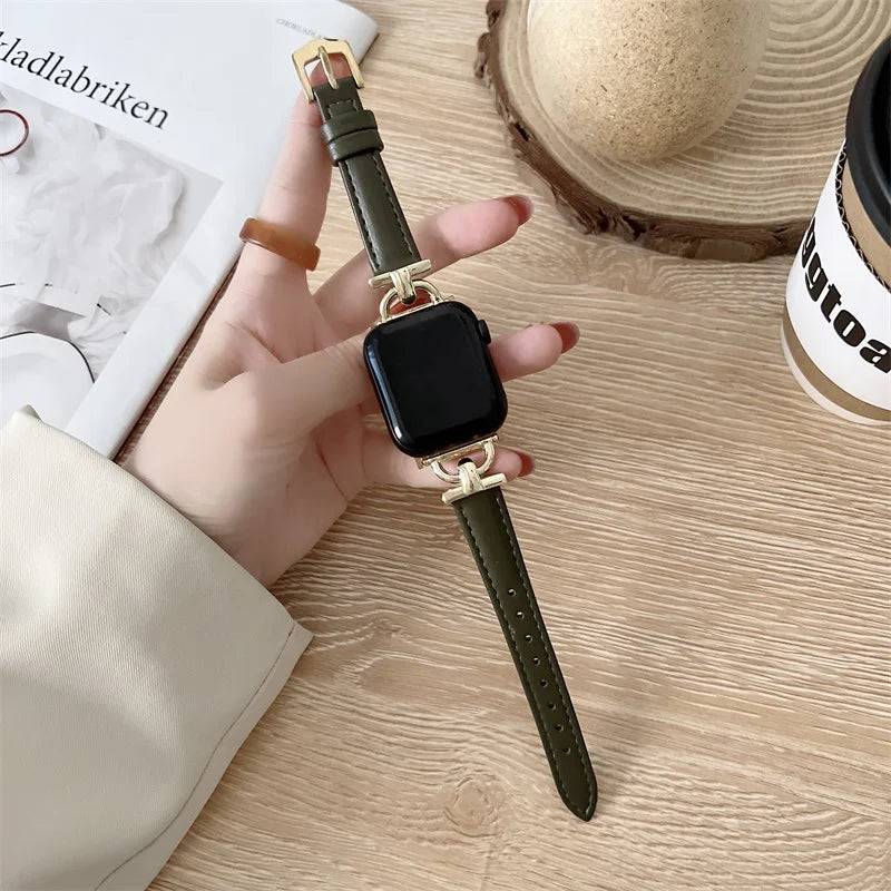 Gold / Forest Green slim leather Apple Watch band with decorative connectors