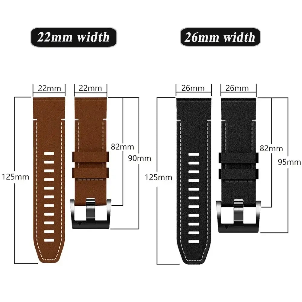 Garmin QuickFit Leather and Silicone Band 22mm and 26mm dimension diagrams