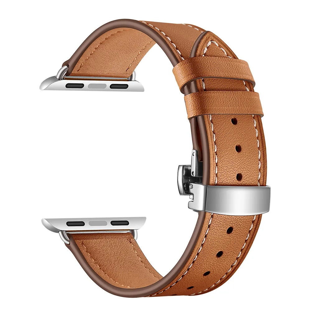Contrast-Stitched Leather Apple Watch Band with Folding Clasp in Silver / Tan