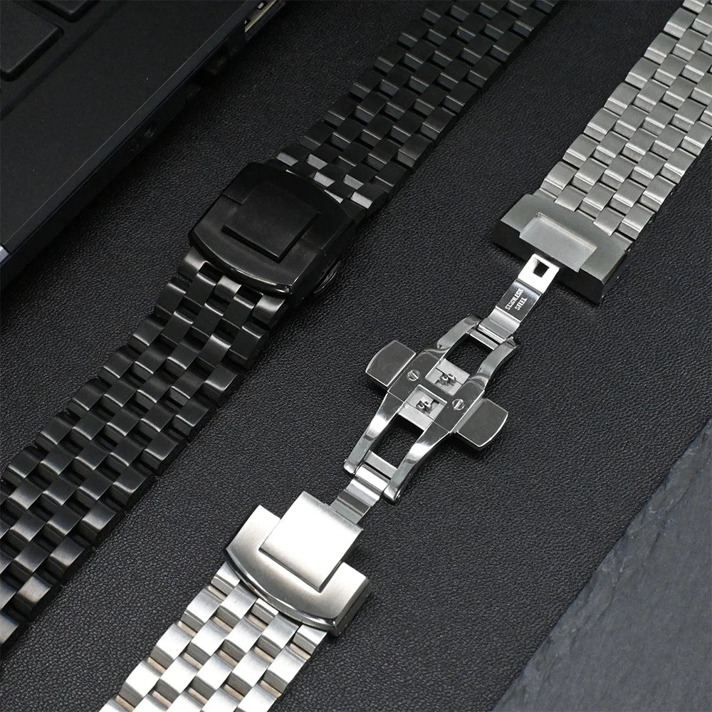 Garmin Stainless Steel Checker-Link Band black and silver bracelets showing the folding clasp