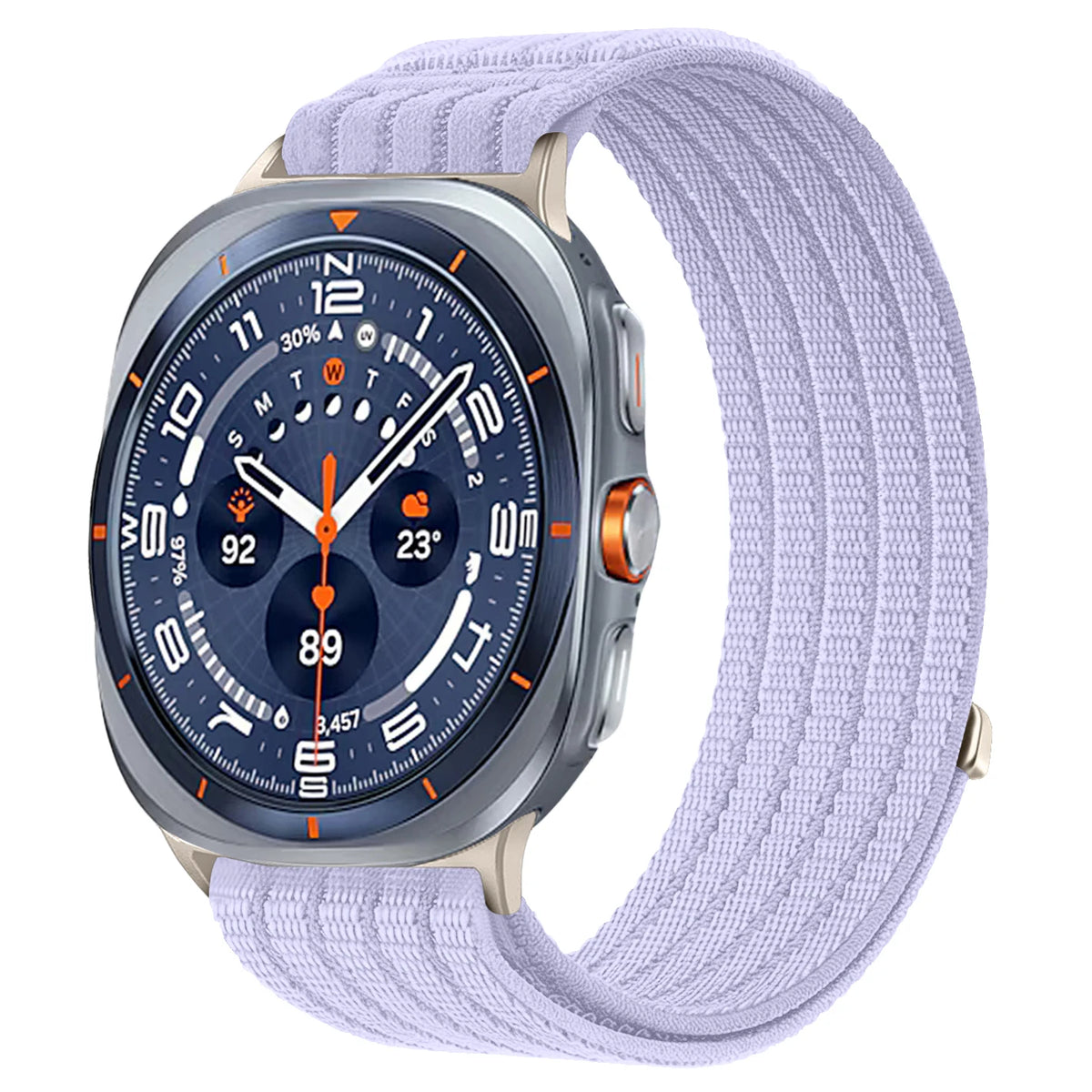 Samsung Galaxy Sport Nylon Woven Loop Watch Band – Watch8/Watch8 Classic/Watch9/Ultra/Ultra2 in light purple on smartwatch.
