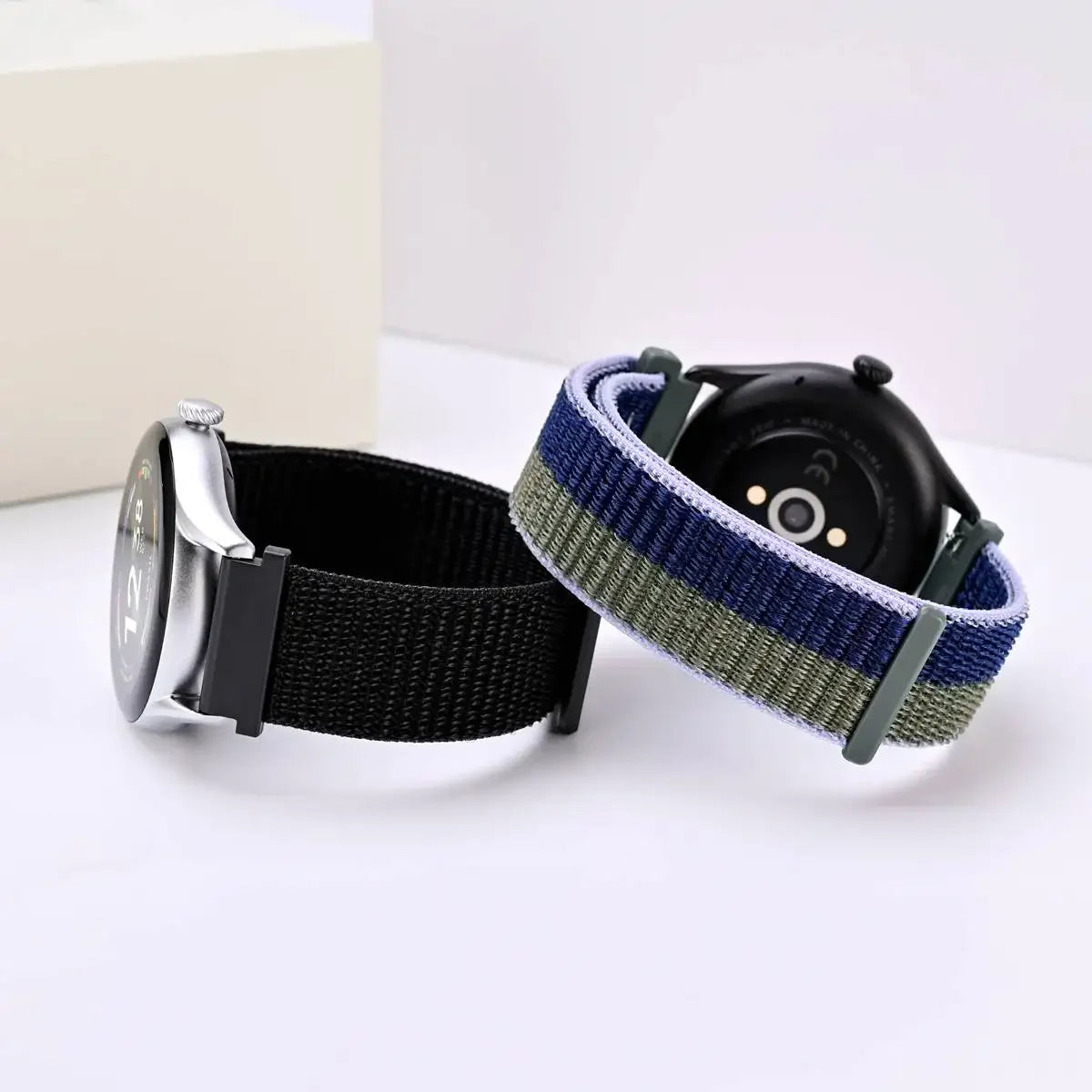 Motorola Moto Woven Nylon Hook-and-Loop Band — Woven band wrist and side views
