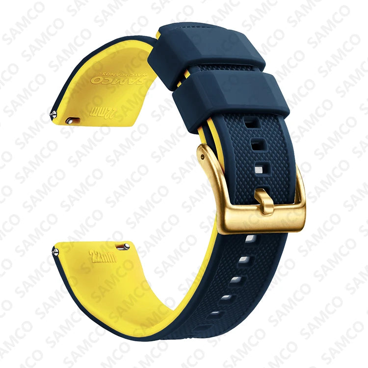 COROS Textured Silicone Watch Band with Buckle Choices - Blue / Yellow - Gold Buckle