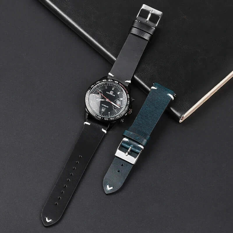 Black leather strap on watch with blue alternative — BandsCo Straps