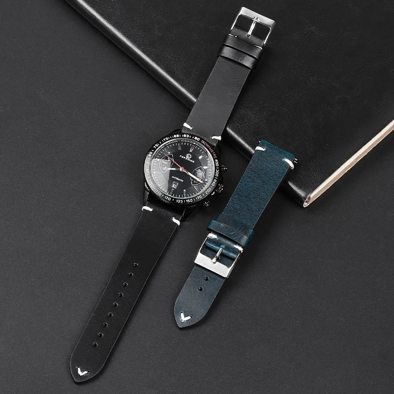 OnePlus Smartwatch Leather Band Quick Release Retro Oil Wax Wristband displayed with a black watch and leather strap.
