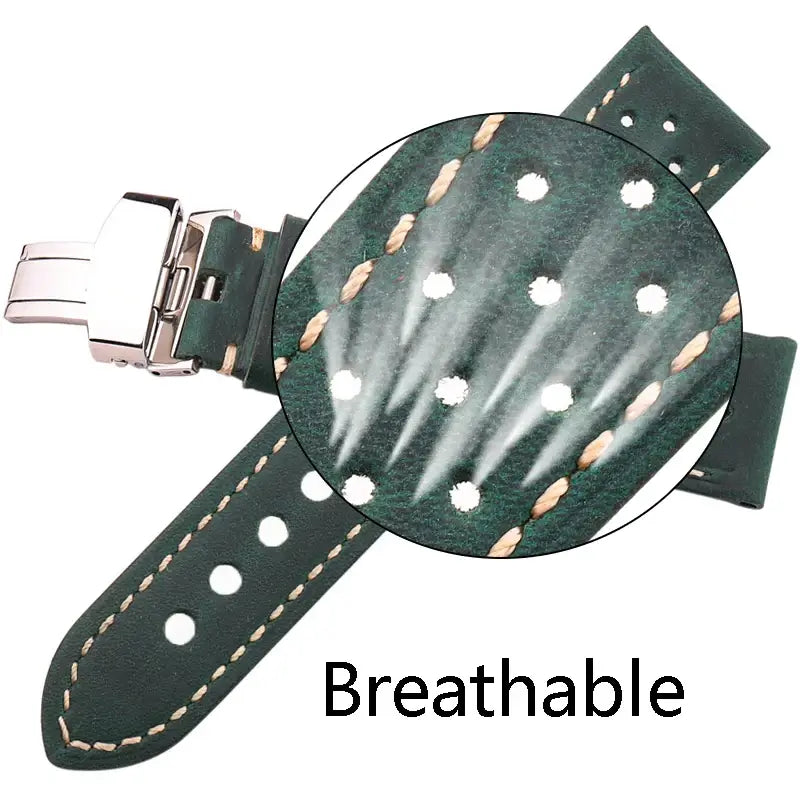 Dark green perforated leather and stitching detail for Suunto – BandsCo Straps