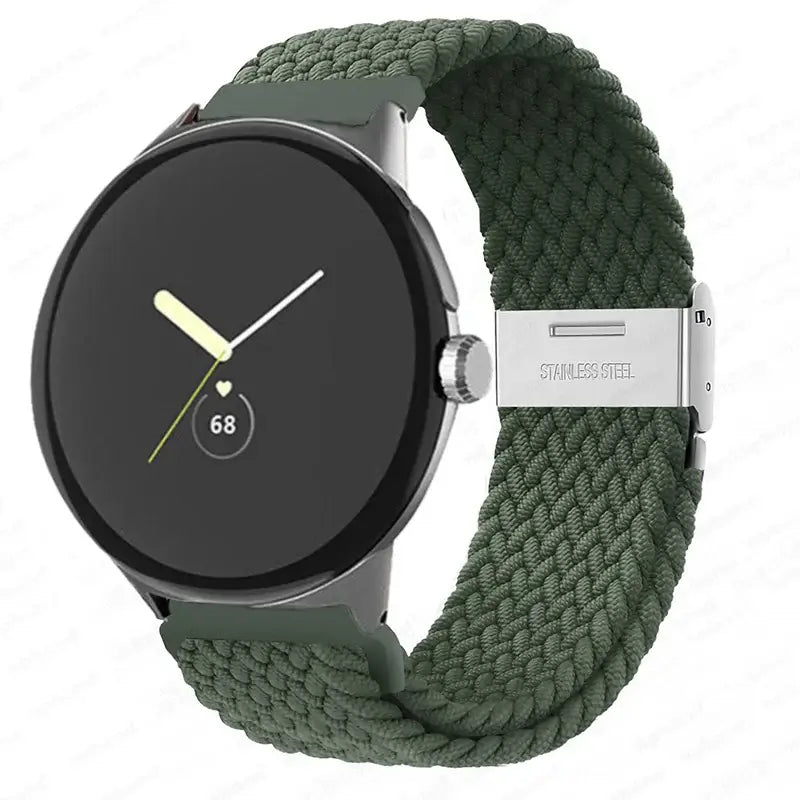 Braided Nylon Google Pixel Watch Band with Metal Clasp in Forest Green