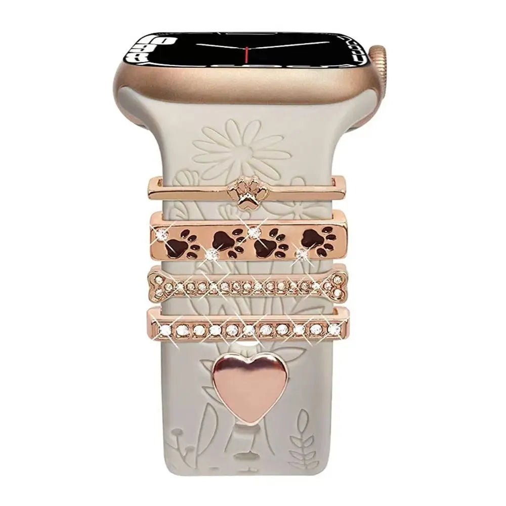 Decorative metal charms on an Apple Watch band, adding elegance and personality with unique designs and durable craftsmanship.
