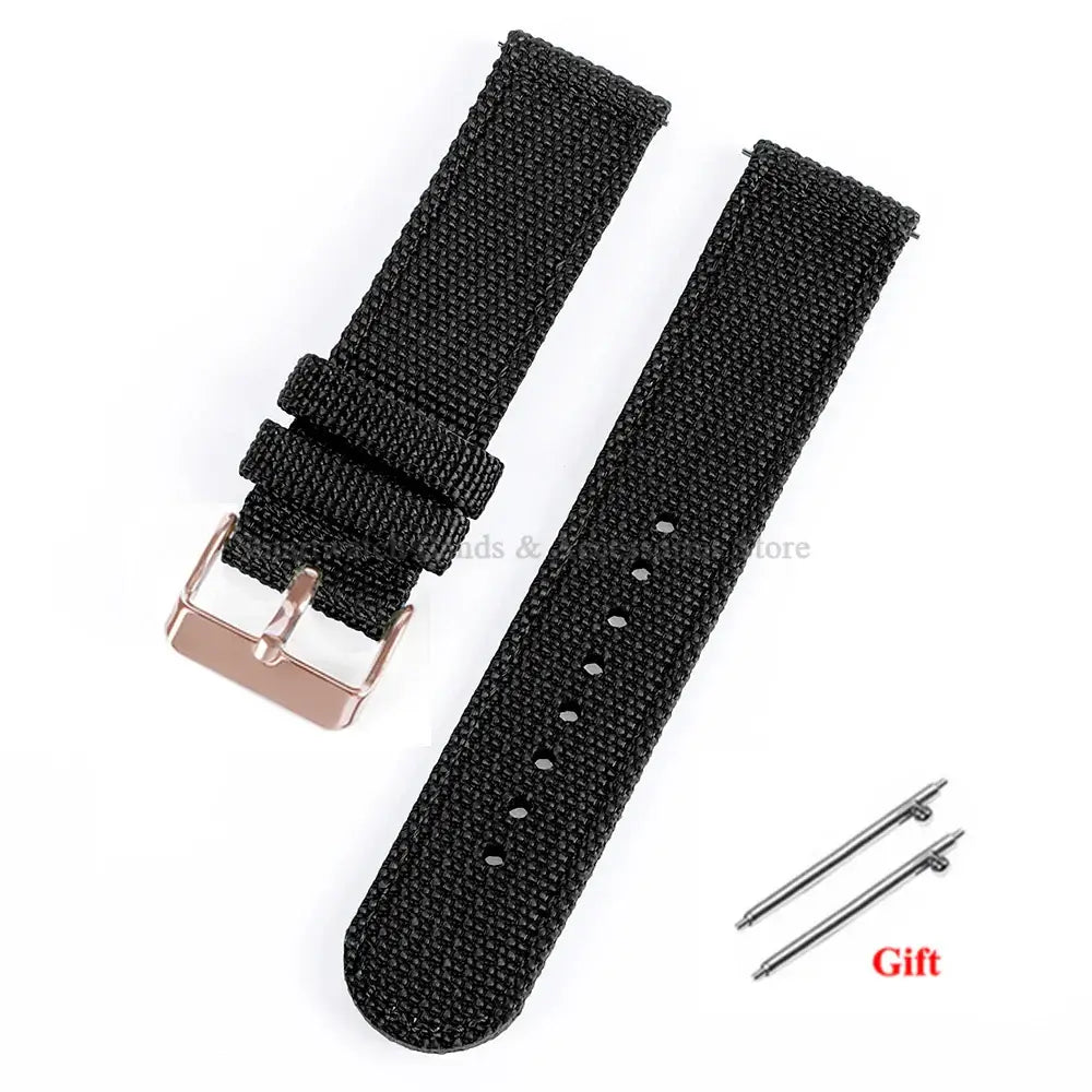 Samsung Galaxy Watch Textured Nylon Buckle Strap in Black / Rose Gold Buckle