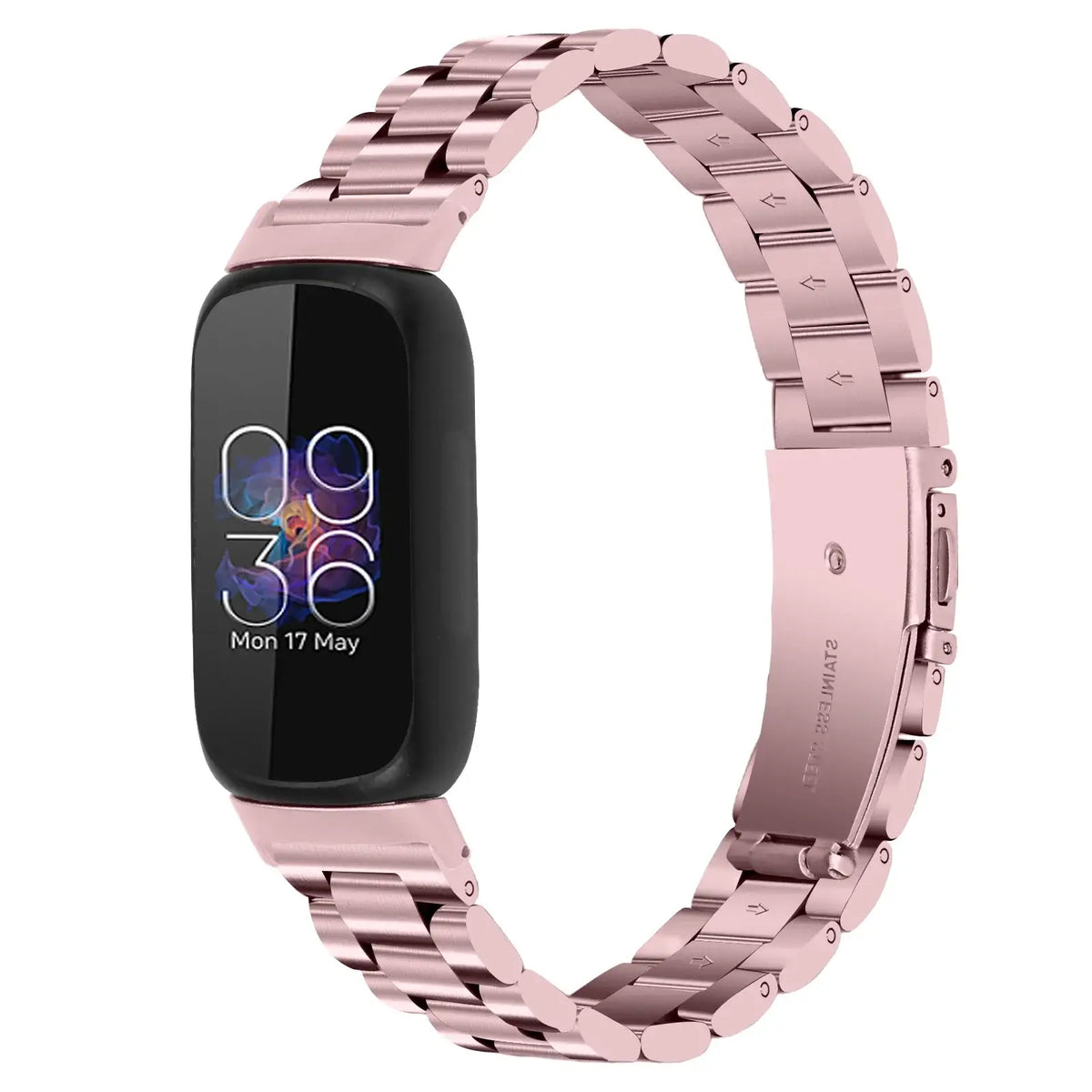 Fitbit Inspire 3 Stainless Steel Three-Link Band - Rose pink bracelet front view