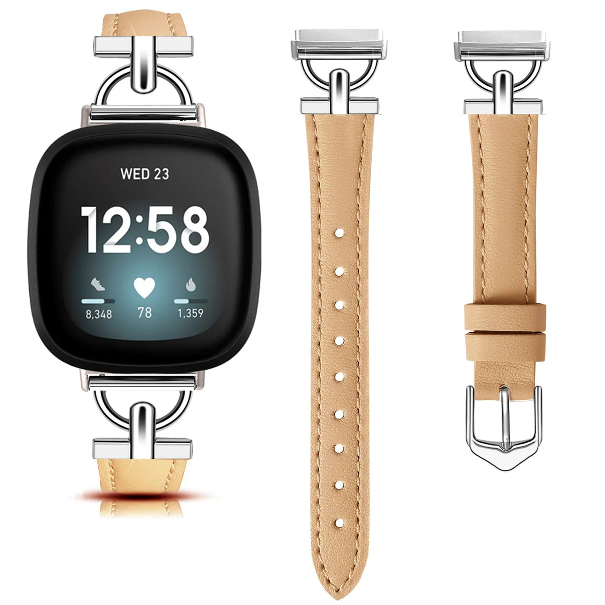 Tan Fitbit Versa 4, Versa 3, Sense 2 and Sense Slim Leather Band, D-Link