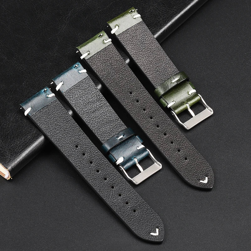 OnePlus Smartwatch Leather Band Quick Release Retro Oil Wax Wristband in black, green, and blue colors.