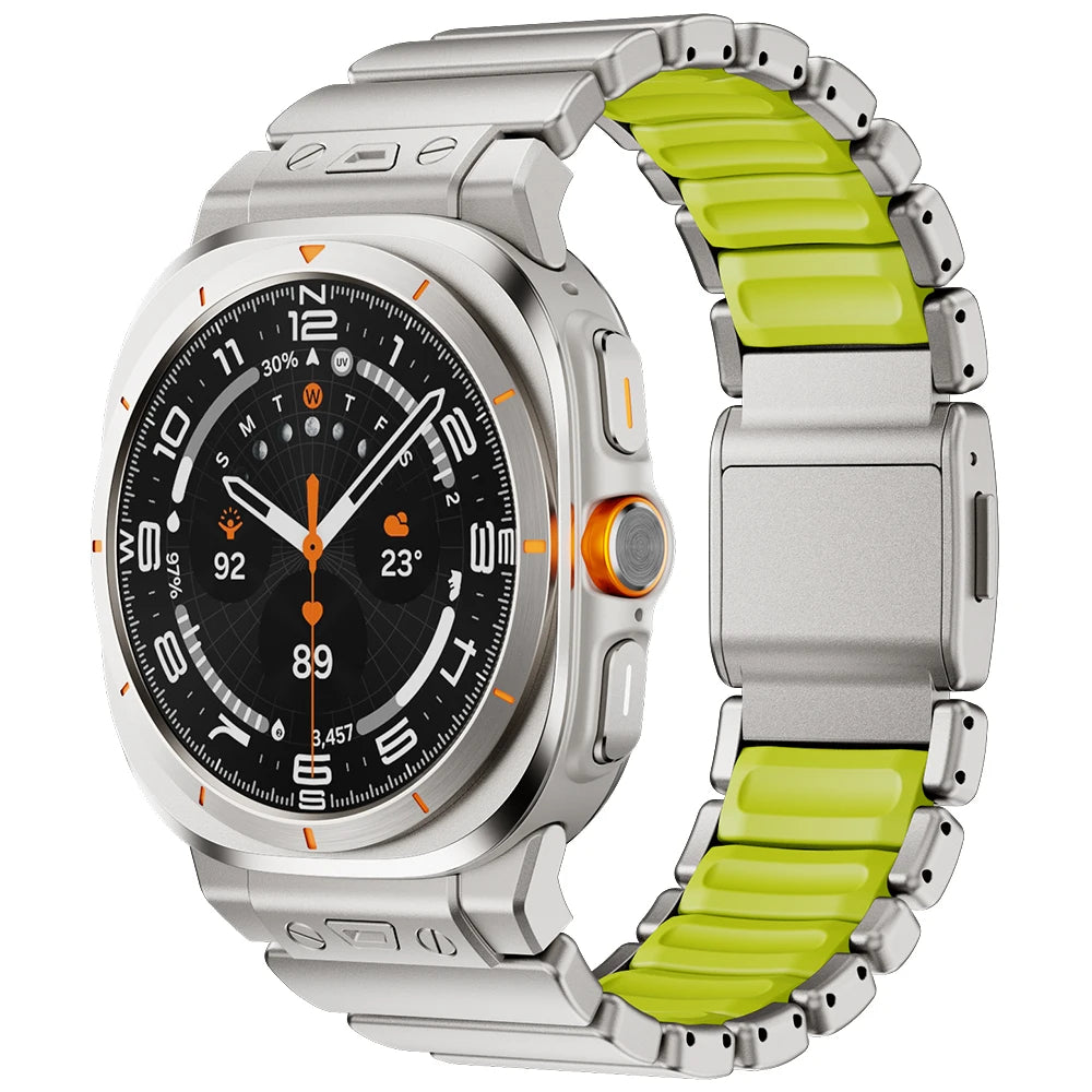Samsung Galaxy Watch Ultra/Ultra2 Stainless Steel & Silicone Magnetic Band in titanium green with black metal and orange accents.