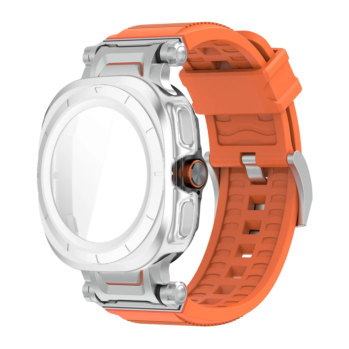 Samsung Galaxy Ultra/Ultra2 Silicone Sport Watch Band - Acrylic Case on a silver watch with orange silicone strap.
