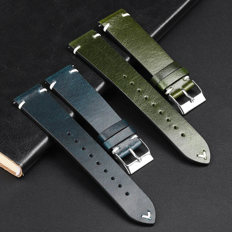 Polar Calfskin Leather Band with Accent Stitching — Blue and green leather straps