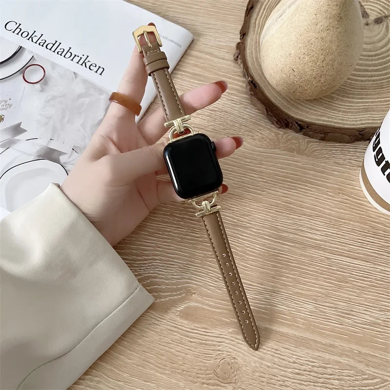 Gold / Taupe slim leather Apple Watch band with decorative connectors