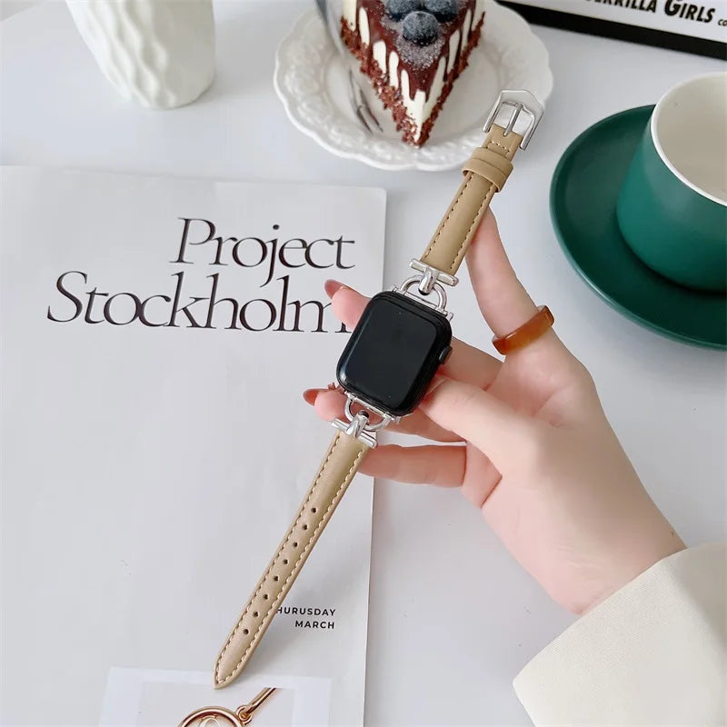 Silver / Beige slim leather Apple Watch band with decorative connectors