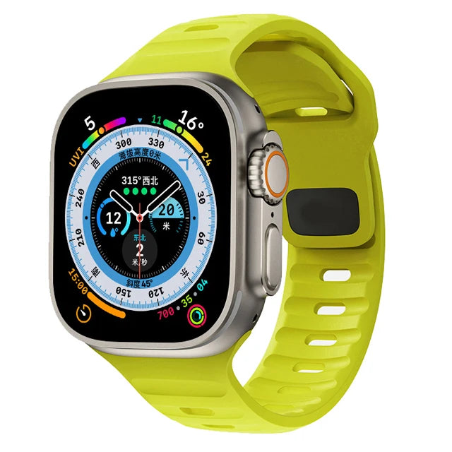 Slotted Silicone Apple Watch Band with Metal Buckle in Neon Yellow