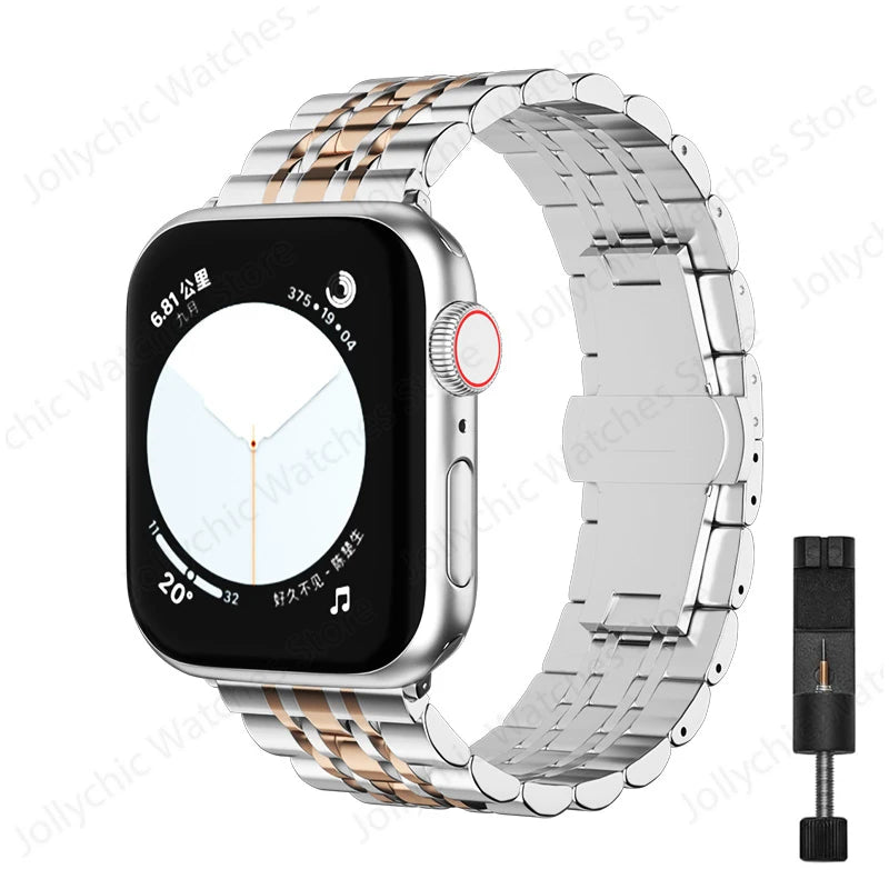 Multi-Row Stainless Steel Apple Watch Bracelet Band in Silver / Rose Gold - With Tool