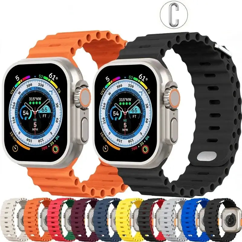 Orange and black tubular silicone Apple Watch bands with a color preview strip