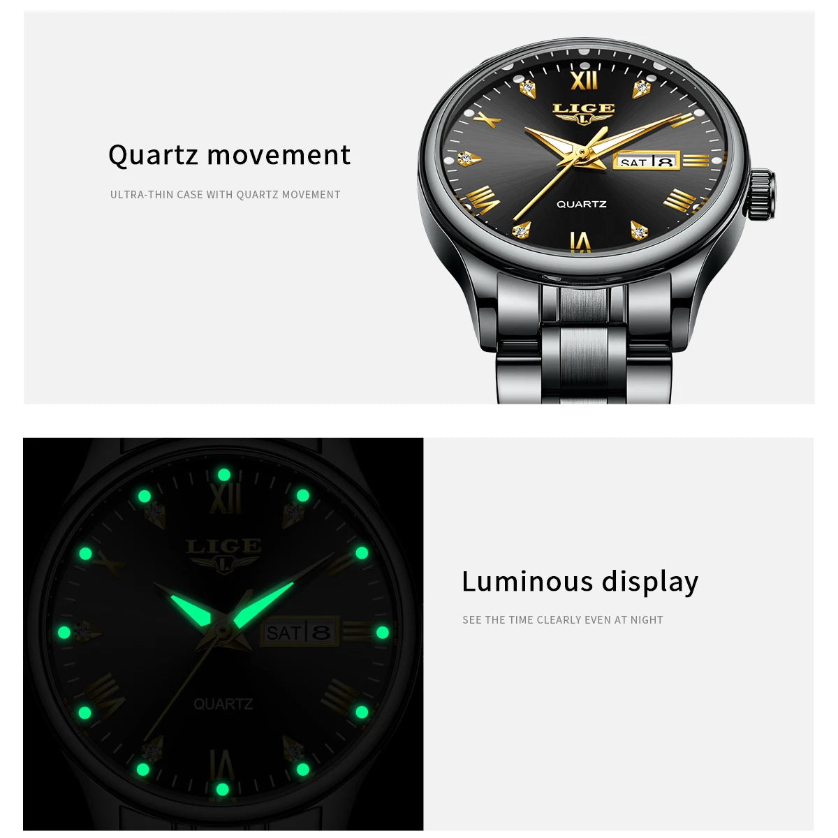 Women's 29mm Day-Date Quartz Bracelet Watch — Quartz dial and luminous display details