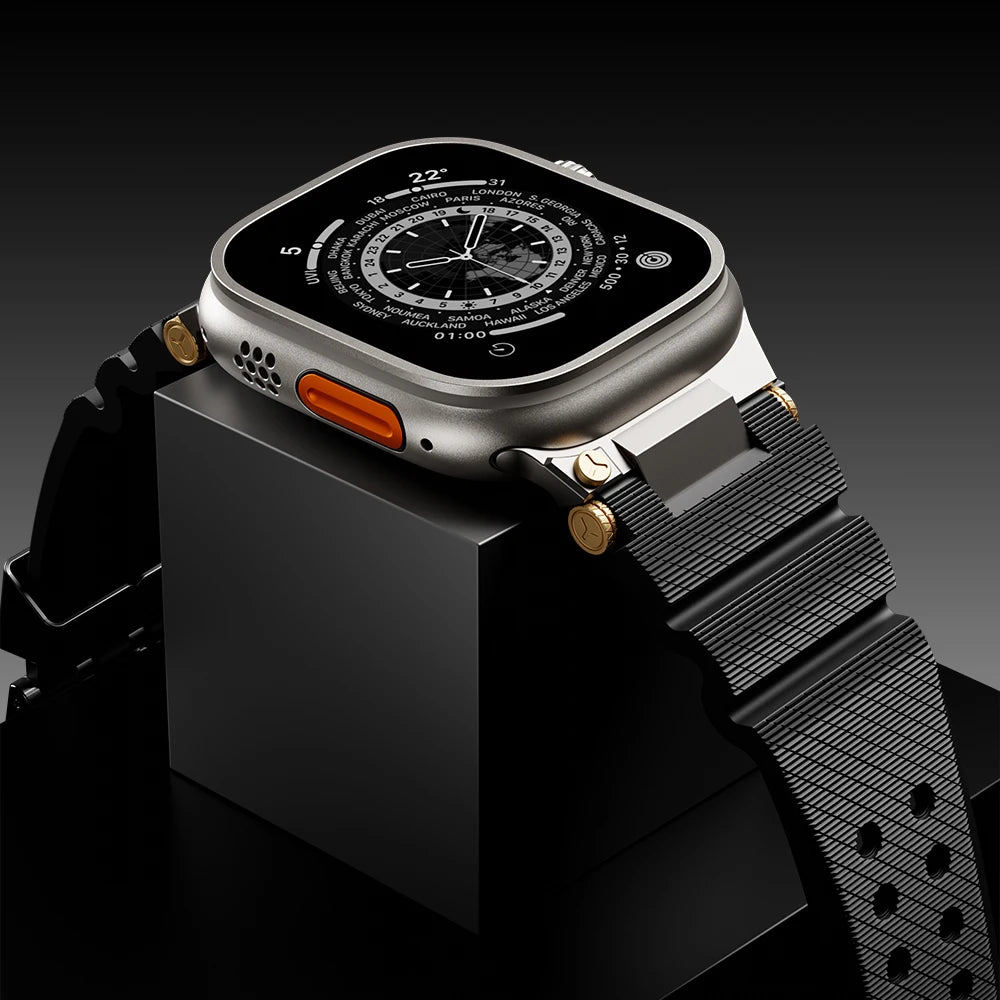 Black silicone band shown on display stand for Apple Watch