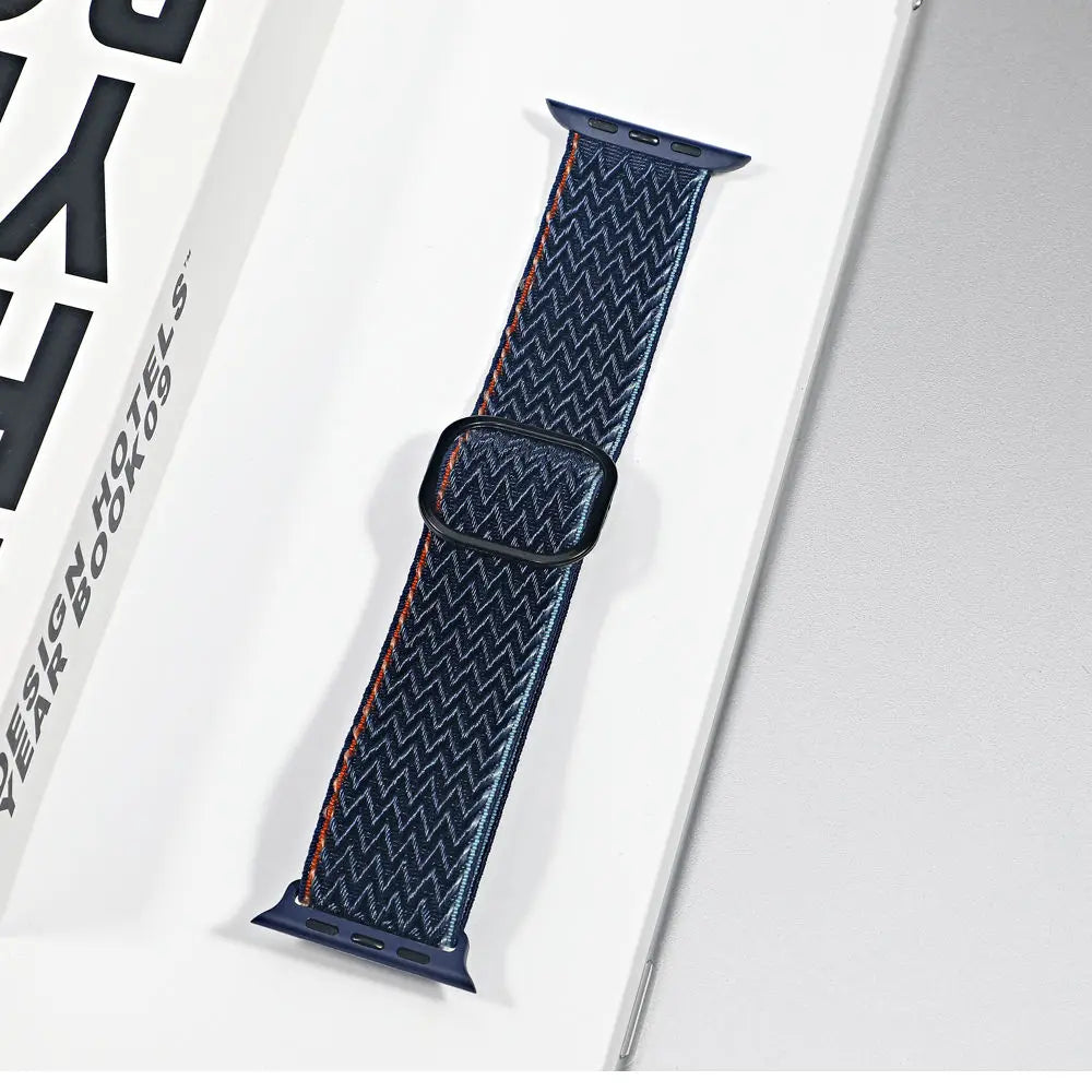 Stretch Nylon Apple Watch Loop - Solid & Patterned in Navy Chevron - Red Edge