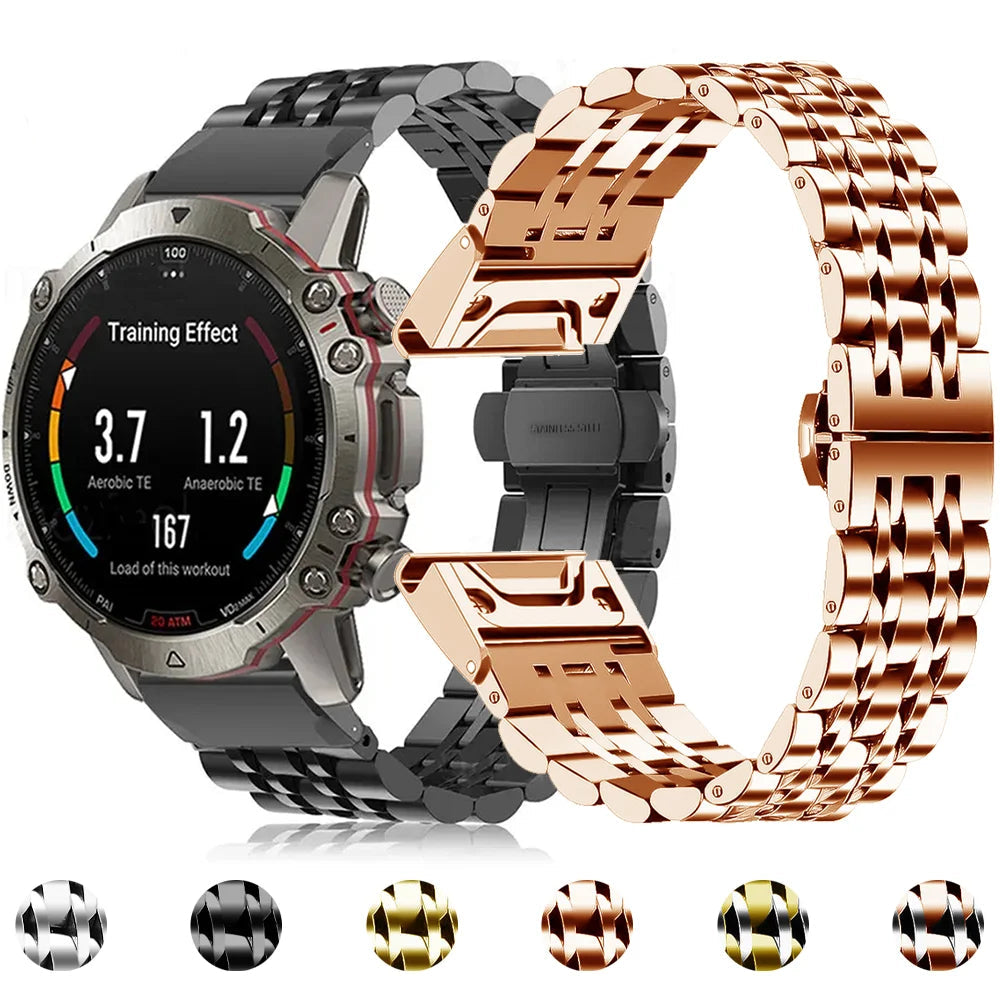 Garmin QuickFit Stainless Steel Multi-Link Band black and rose gold bracelets with available finish swatches