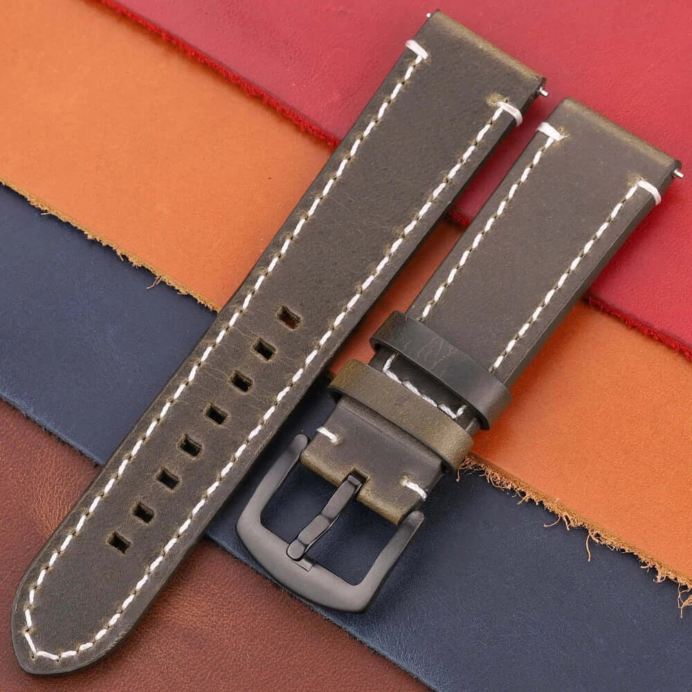 TicWatch Contrast-Stitched Leather Buckle Band - Olive Gray / Black Buckle