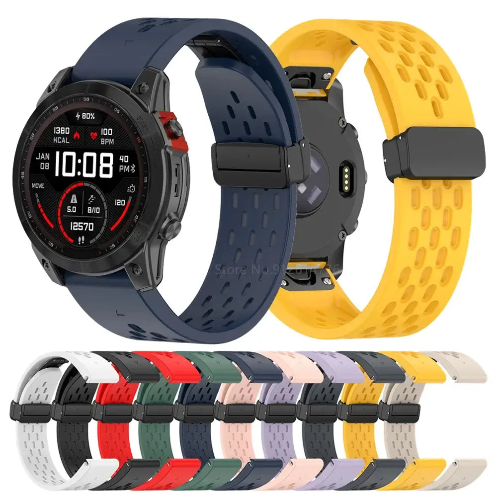 Garmin QuickFit Perforated Silicone Band in navy and yellow with available color previews