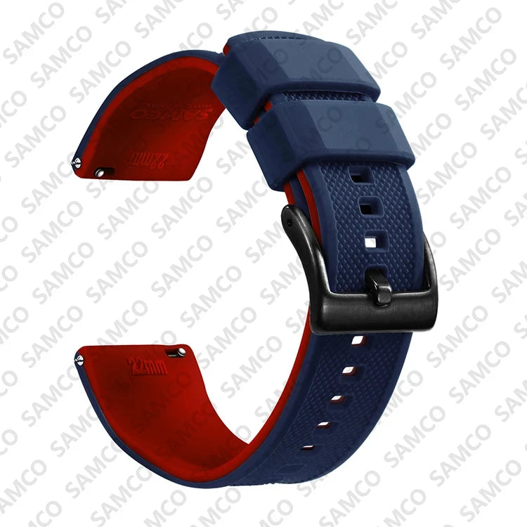 OnePlus Watch Band Quick Release Silicone Strap Sweat Resistant Black displayed on a blue and red strap.