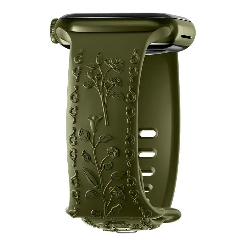 Olive Green botanical engraved silicone Apple Watch band