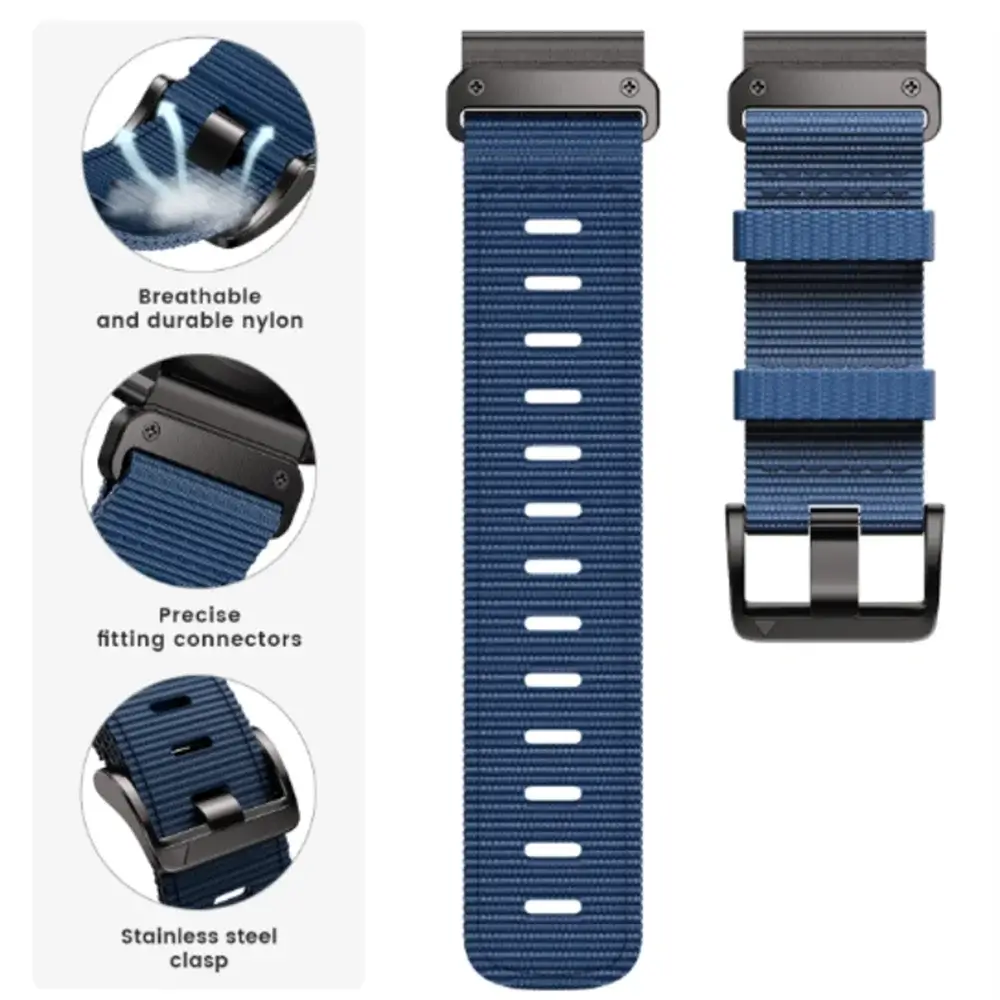 Garmin QuickFit Tactical Nylon Band blue nylon strap, connector and buckle details